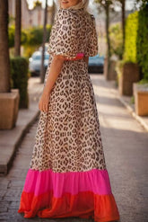 Full Size Leopard V-Neck Half Sleeve Maxi Dress OutfitFlow